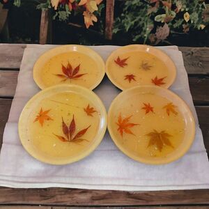 4 Vintage Fiberglass Plates Kimball Vesta Autumn Maple Falls Real Leaves MCM 8".